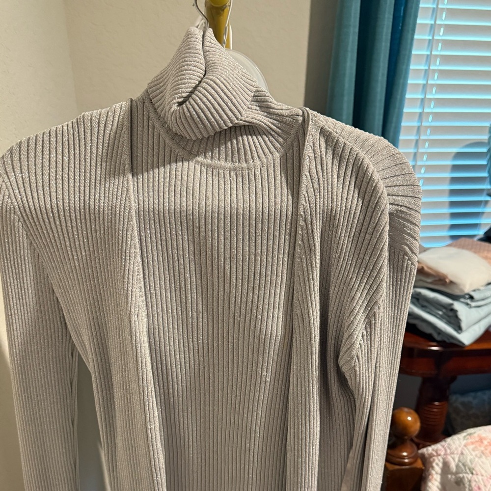 Shiny silver sweater with sleeveless turtleneck and sweater.